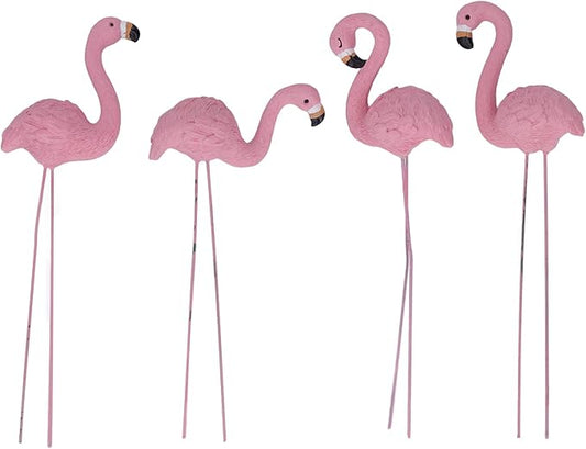 4 Pcs Pink Flamingo Garden Statues, Fine Detailed Resin Flamingo Yard Decor with Iron Feet for Lawn Patio Decorations