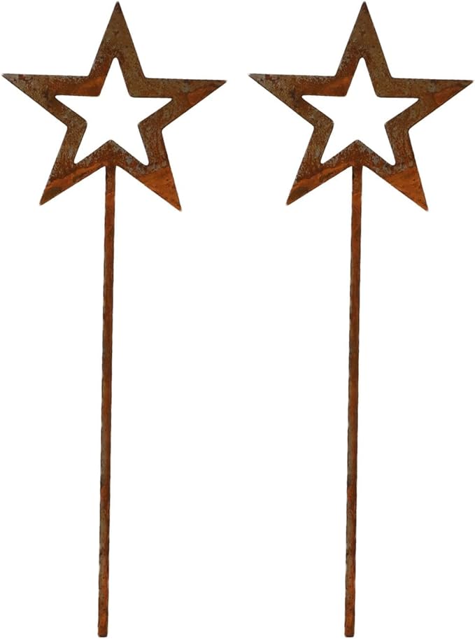Rusty Star Garden Decor for Outdoor Courtyard and Flower Pot, Iron for Art Stake with Natural Rust Finish, 2-Pack, 250x90mm