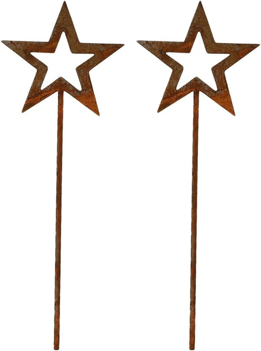 Rusty Star Garden Decor for Outdoor Courtyard and Flower Pot, Iron for Art Stake with Natural Rust Finish, 2-Pack, 250x90mm