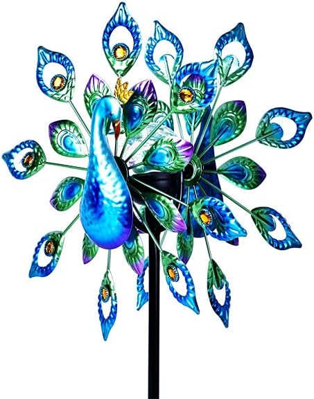 Wind Spinner Outdoor Metal Solar Powered Sculpture Lawn Backyar 15 inch 64 inch Height Kinetic Peafowl Wind Catcher Glass Ball for Garden Lawn Yard Patio Decoration Weather Vane for Garden