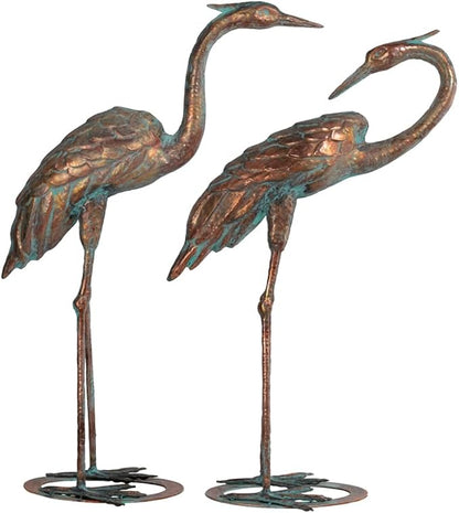 Metal Crane Garden Statues for Outdoor, Stainless Steel Antique Patina Standing Blue Heron Decoy, Large Sandhill Cranes Sculptures for Yard and Garden, Bird Yard Art for Patio Lawn Backyard Pond