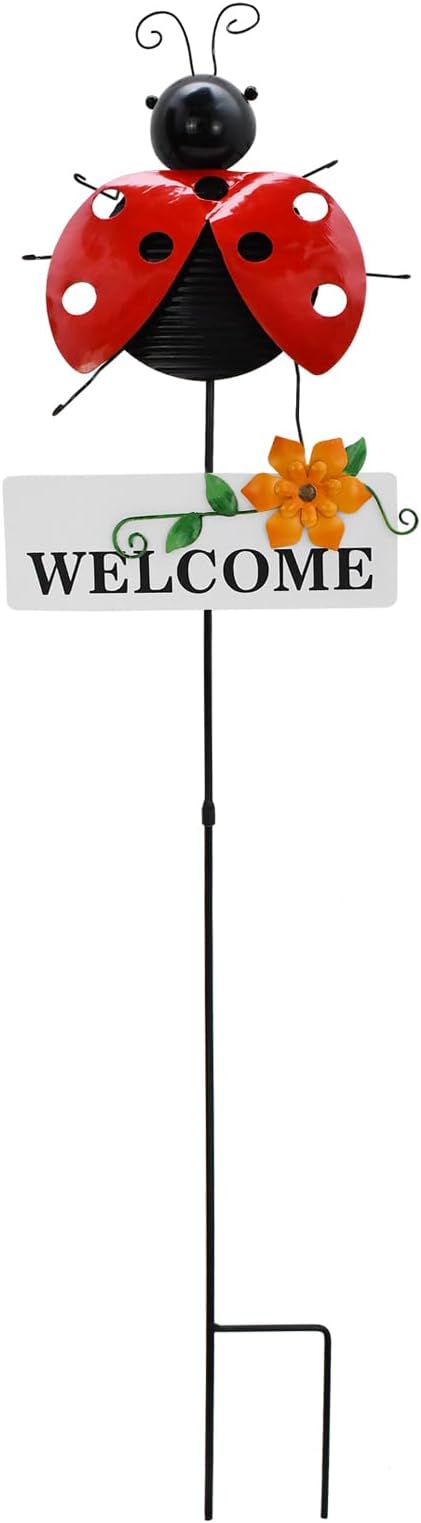 Garden Decor Metal Welcome Yard Stakes Spring Lawn Art Patio Decorative Plant Stake for Flower Pot Pathway Porch Backyard Indoor Outdoor Decoration (Ladybug)