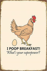 Funny Chicken Sign, Metal Chicken Coop Tin Signs, I poop breakfast, Yard Sign Garage Farm Garden Wall Decor Sign Plaque Outdoor for Home Fence 8 X 12 Inches