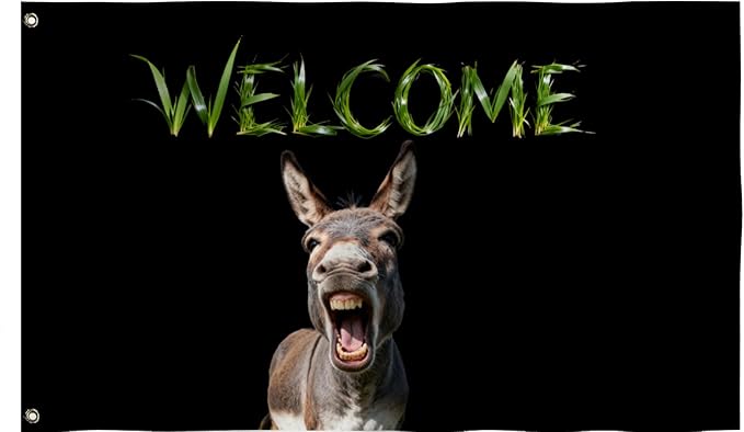 Donkey Welcome Flag 2X3FT, Farm House Flags, Donkey Meme Banner,Both Sides Printed, Men Women Banner,Vibrant Colors, Double Stitched with 2 Brass Grommets, Bar Garden Street Decoration, GYM, Office Decor,Indoor Outdoor Use,Gifts. (Donkey, 2x3ft)