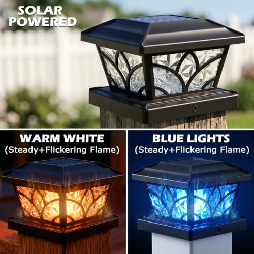 Solar Post Cap Lights - Flickering Flame, 4 Modes, 6 Pack (Black)