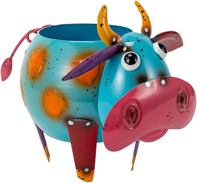 Oak & Lore Colorful Metal Cow Garden Statues, Cartoon Cow Outdoor Garden Sculptures & Statues with Planters Art Decor for Patio, Lawn, Yard, Balcony