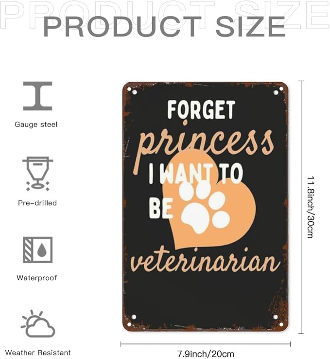 Retro Tin Signs Forget Princess I Want to Be a Veterinarian 8x12 Inches Metal Wall Decor for Garden,Kitchen,Living Room,Patio,Office,Bathroom,and More! Vintage Funny Sign
