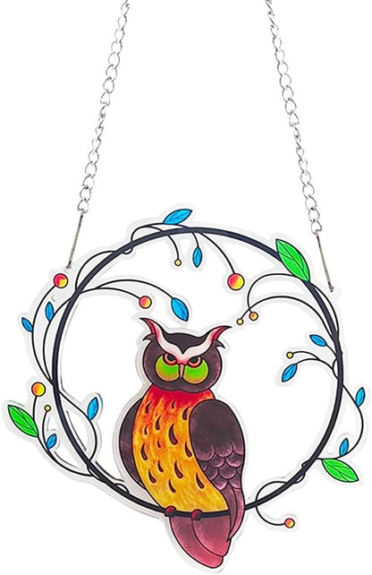 Zayookey Painted Owls Window Hanging Decor Stained Acrylic Bird Suncatcher Panel with Metal Chain for Wall Home Garden Ornament Gift