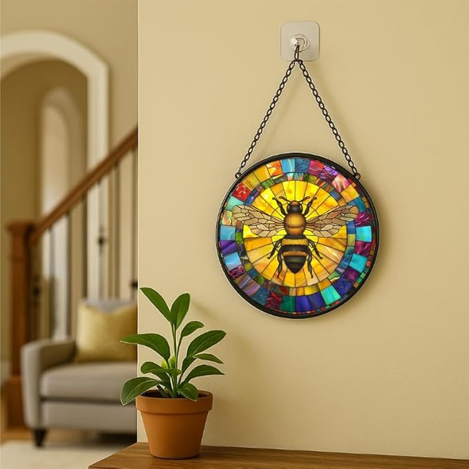 Stained Glass Window Hanging - Blue Whale and Ocean Waves Sun Catchers Indoor Stained Glass Panels Wall Decor for Mom Wife Lovers Festive 11.8in