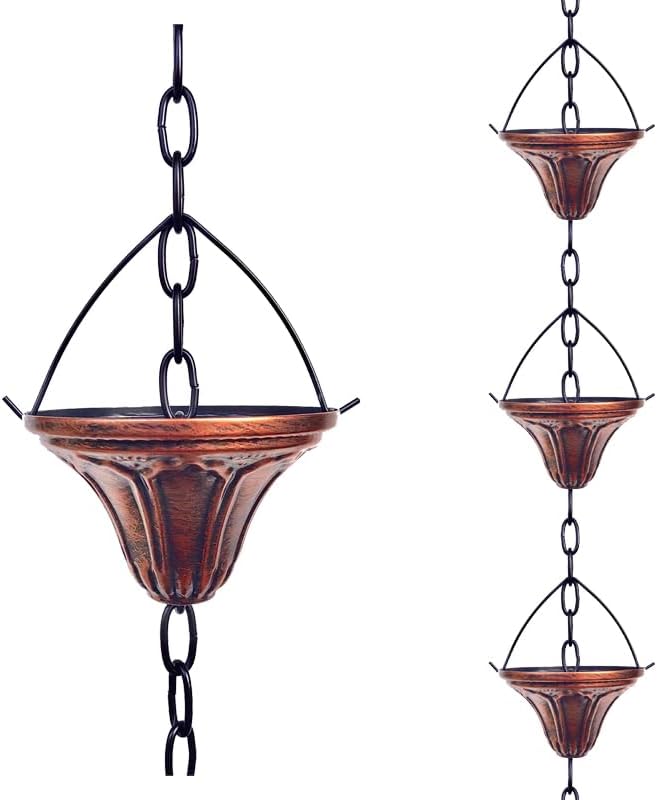 LWSELLS 8.5FT Rain Chain Gutter Downspout Catcher Outside Water Diverter Decorative Garden Rain Cups Chime Home Decor (Bronze)
