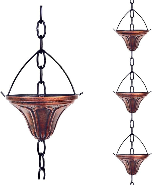 LWSELLS 8.5FT Rain Chain Gutter Downspout Catcher Outside Water Diverter Decorative Garden Rain Cups Chime Home Decor (Bronze)