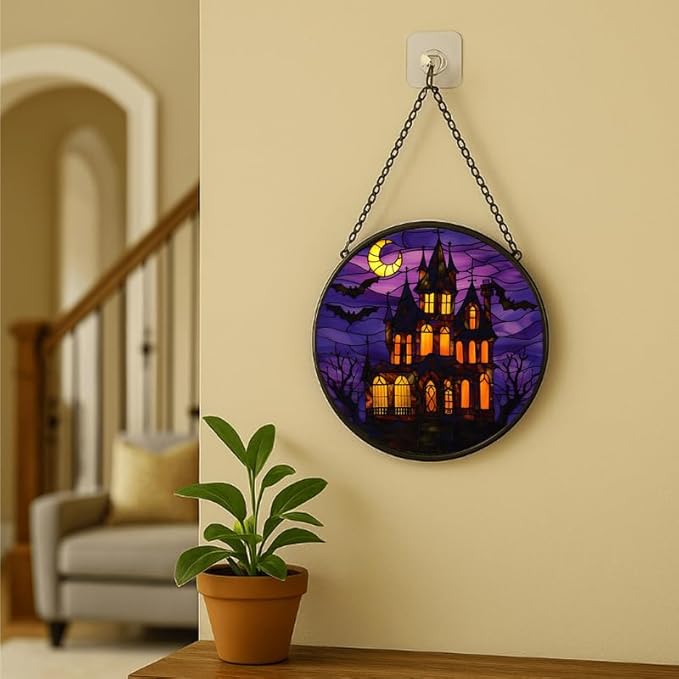 Stained Glass Window Hanging - 9.8in Haunted House with Moon and Bats Halloween Decor Sun Catchers Indoor Stained Glass Panels Wall Decor for Mom，Wife，Lovers，Festive