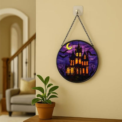 Stained Glass Window Hanging - 9.8in Haunted House with Moon and Bats Halloween Decor Sun Catchers Indoor Stained Glass Panels Wall Decor for Mom，Wife，Lovers，Festive
