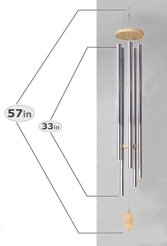 5' Big Extra Large 57" Wind Chime Deep Tone Tuned Resonant Bass Sound Church Windchime Outdoor Unique Memorial Sympathy-Garden Hanging Decorations Yard Bells, Silver