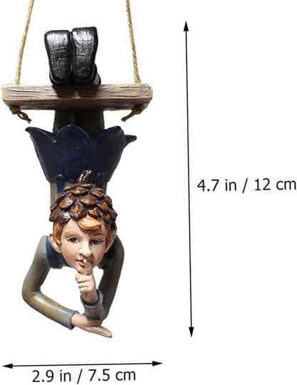 Swinging Fairy Garden Statue, Resin Hanging Ornament for Outdoor Trees, Patio and Yard Decor All Weather Fairy on a Swing Figurine for Fantasy Garden Displays (Brown)