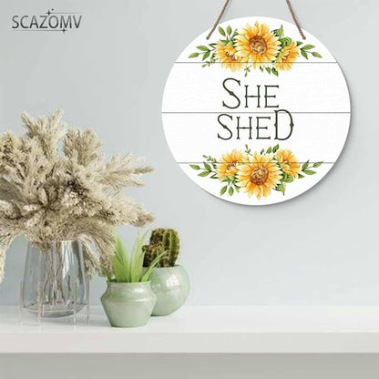 Round Rustic Wood Sign Plaque She Shed Sunflower Vintage Wall Art Sign Cute Wooden Hanging Sign Decor for Home Kitchen Living Room Farmhouse Garden Front Door Entryway Porch Yard 12 Inch