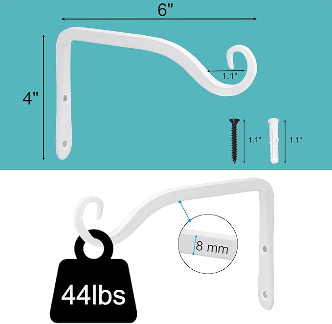 LOOGI Hanging Plant Bracket, Wall Hook Plant Hanger 6 Inch Decorative Hooks for Indoor Planter Lantern, Outdoor Bird Feeder Wind Chime, 2 Pack White