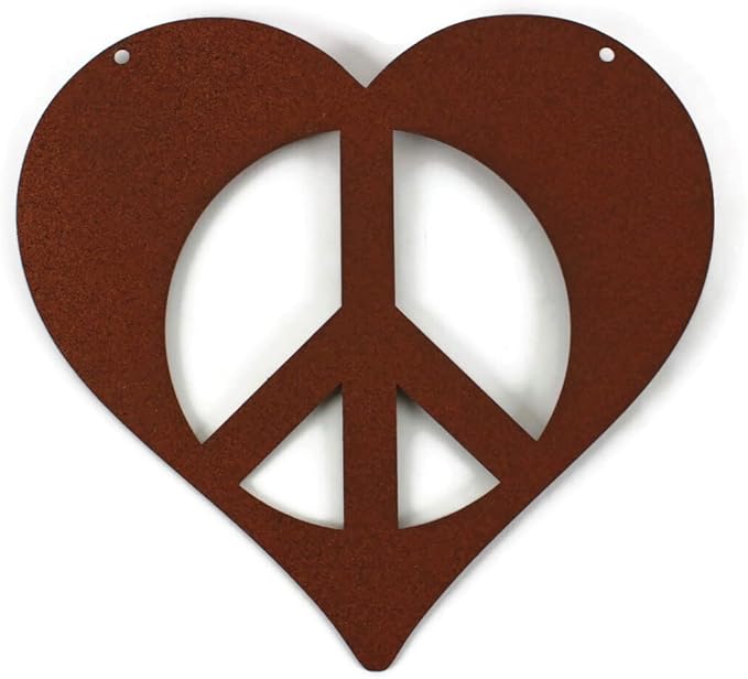 Peace and Heart Staked Signs or Wall Art Rustic or Powder Coated Finishes (Small Peace Heart Hanger 9", Matte Rust Brown)