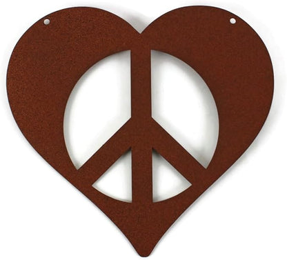 Peace and Heart Staked Signs or Wall Art Rustic or Powder Coated Finishes (Small Peace Heart Hanger 9", Matte Rust Brown)