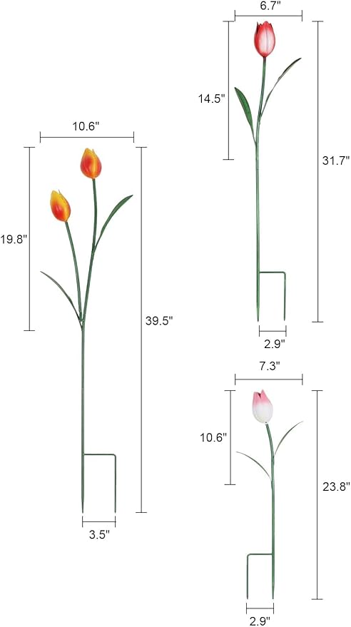 hogardeck Garden Decor for Outside, 3 Pcs 40"/32"/24" Metal Tulip Decorative Garden Stakes for Spring Decor, 3D Flowers Yard Art for Outdoor Lawn Patio Pathway Decorations