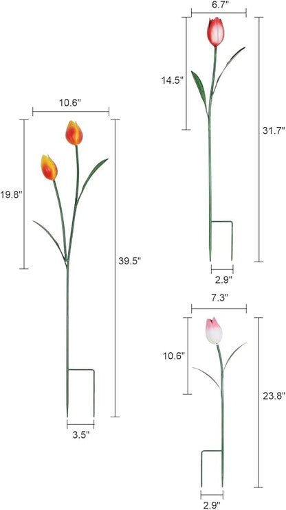 hogardeck Garden Decor for Outside, 3 Pcs 40"/32"/24" Metal Tulip Decorative Garden Stakes for Spring Decor, 3D Flowers Yard Art for Outdoor Lawn Patio Pathway Decorations