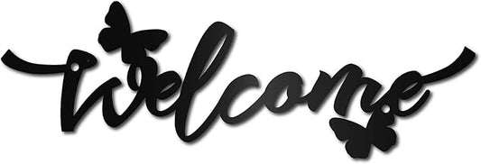 CREATCABIN Welcome Flower Metal Sign Wall Art Decor Rustic Letter Signs Black Hanging Word Decoration for Front Door Home Entry Indoor Outdoor Living Room Aesthetic Bedroom 3.9 x 11.8 Inch