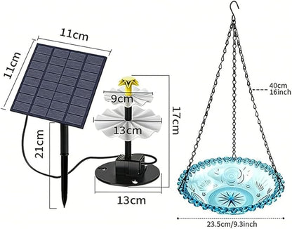 Solar Hanging Bird Bath Fountain - 9 Spray Heads,10FT Cord, 9.3" Blue Bowl with 16'' Metal Chain, Solar Powered Cascading Bubbler for Outdoor Deck, Patio, Yard, Lawn, Attracts Hummingbirds