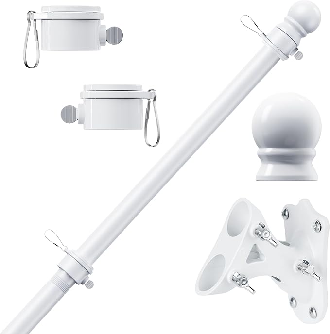 PHITRIC Flag Pole Kit, Tangle Free Spinning Stainless Steel Rustproof Flagpole for 3x5 Sports Fan Outdoor Flags for Outside House (White, 5FT, with Bracket)