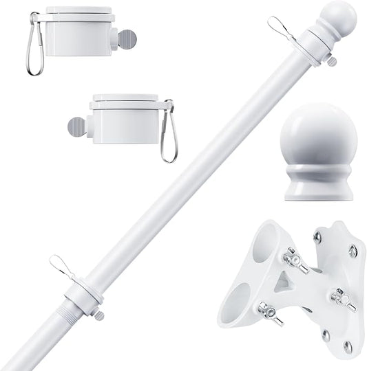 PHITRIC Flag Pole Kit, Tangle Free Spinning Stainless Steel Rustproof Flagpole for 3x5 Sports Fan Outdoor Flags for Outside House (White, 6FT, with Bracket)