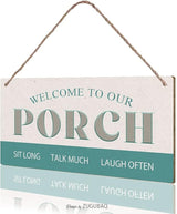 Welcome to Our Porch Sit Long Talk Much Laugh Often Wood Sign Farmhouse Patio Wooden Hanging Sign Plaque Retro Wall Art Decor for Home Decoration 5 x 10 Inches