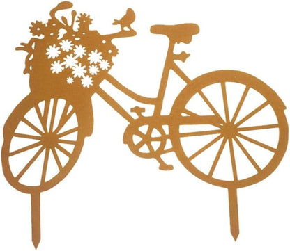 Yard Art Garden Metal Statue Decor,Lifelike Bicycle Stakes Outdoor Decorations,Black Hollow Out Iron Silhouette Sets for Farmhouse Pathway Lawn (Rust)