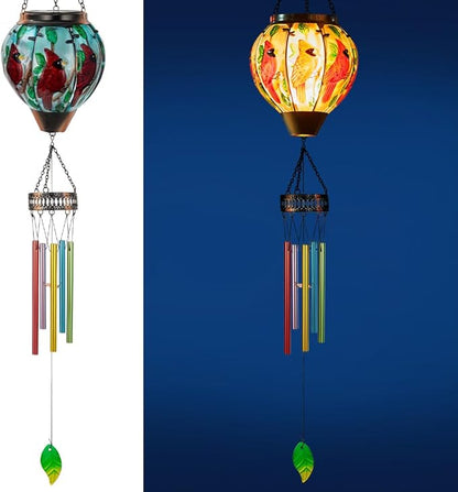 Starsoul Solar Wind Chimes for Outside, Cardinal Hot Air Balloon with Flickering Flame Solar Wind Chime, Glass Windchimes Outdoors Garden Decor, Gift for Mother's Day Mom Grandma