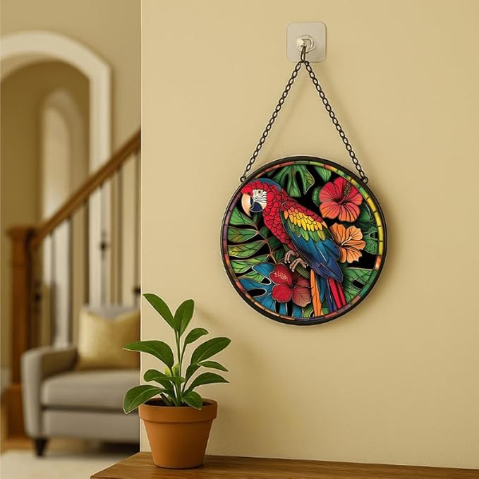 Stained Glass Window Hanging - Tropical Parrot with Hibiscus Flowers Sun Catchers Indoor Stained Glass Panels Wall Decor for Mom,Wife,Lovers,Festive