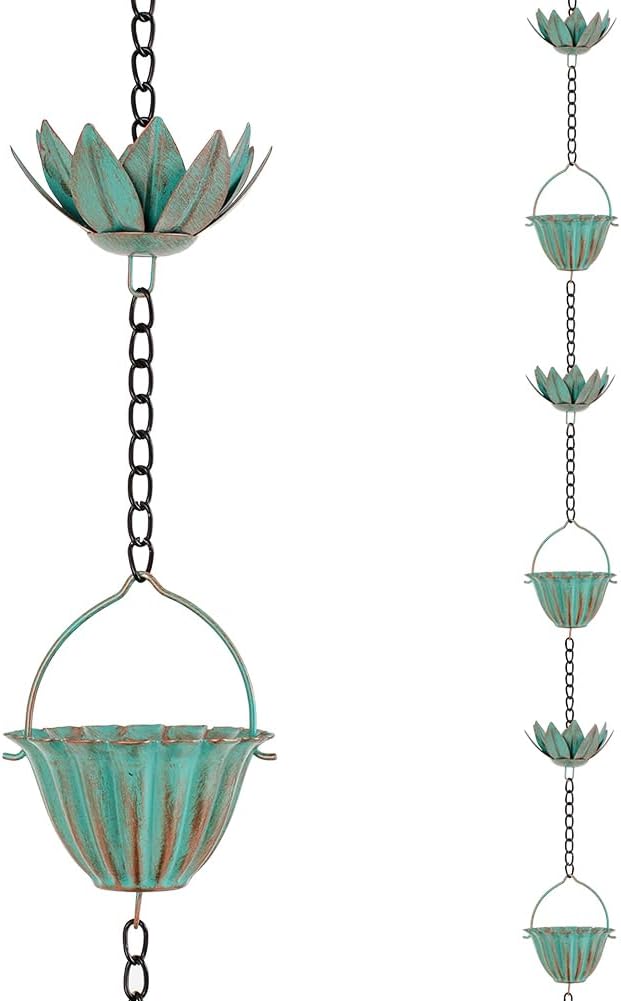10.4FT Lotus Rain Chains for Outside, Rain Gutter Chain with 16 Cups, Adjustable Rain Catcher Chain for Eaves Drainage, Replacement for Downspout