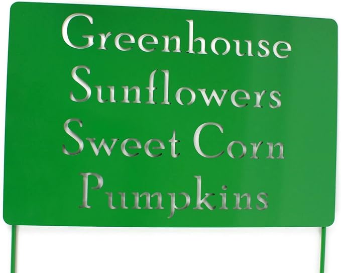 Classic Metal Garden Markers Clearance Items 20 to 33 Inches Tall (Greenhouse Sunflowers Sweet Corn Pumpkins, Green)