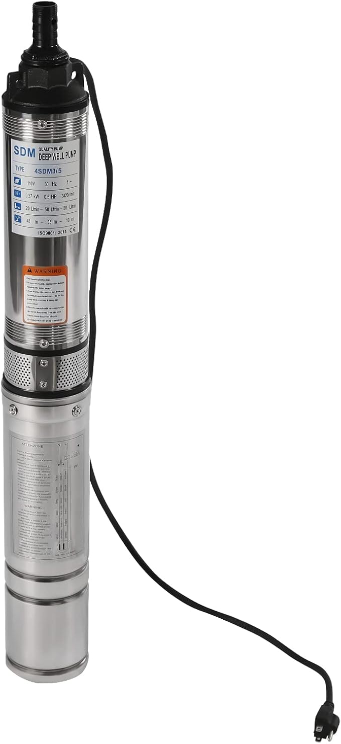 Deep Well Submersible Pump 110V 370W Electric Solar Powered Water Pump, 16 GPM Flow, 157ft Lift, Farm Ranch Irrigation Submersible Bore Hole Deep Well Pump 3420 RPM