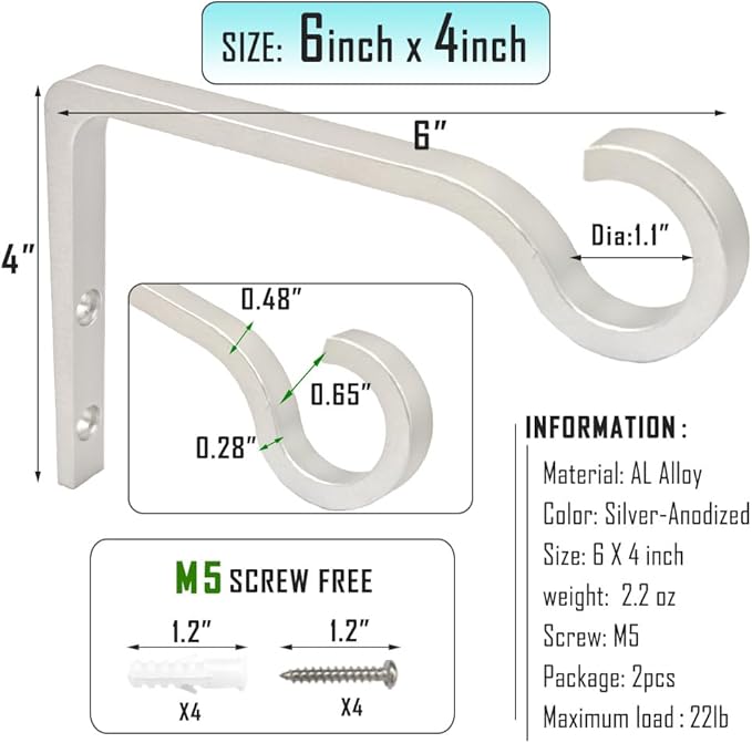 QIEGL Hanging Plant Bracket 6inch Al-Alloy Plant Hooks Silver Anodized Shepherds Hook Decorative Wall Plant Hanger for Hanging Lanterns, Bird Feeder, Flower Basket, Home Decor Indoor & Outdoor 2 Pack