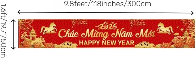 KYMY Vietnamese New Year Yard Banner 2026, Year of the Horse Lunar New Year Fence Sign 9.8 x 1.6 Ft, Tết Vietnam Outdoor Decoration Asian Spring Festival Background Backdrop