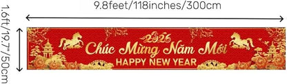 KYMY Vietnamese New Year Yard Banner 2026, Year of the Horse Lunar New Year Fence Sign 9.8 x 1.6 Ft, Tết Vietnam Outdoor Decoration Asian Spring Festival Background Backdrop
