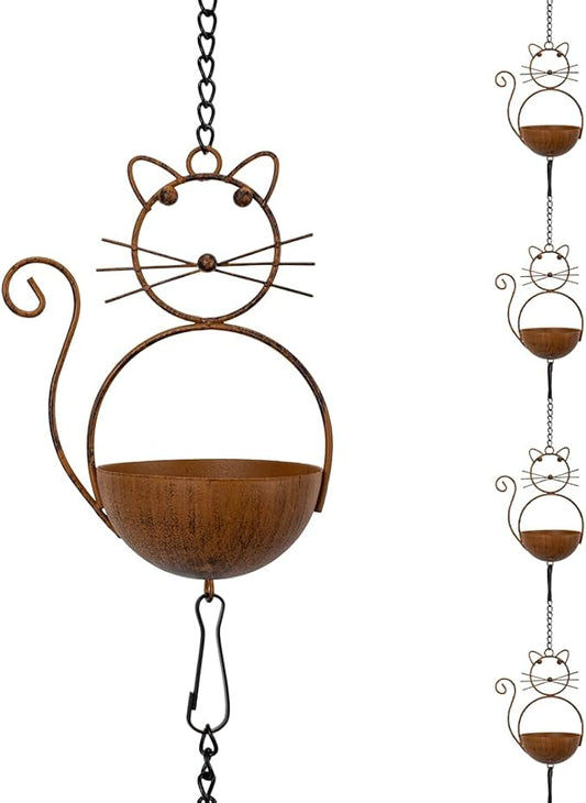 10.53ft Rain Chain for Outside, Rain Chain with 10 Cat Cups, Adjustable Rain Catcher Chain for Outside, Replacement Downspout for Gutters, Eaves, Drainage