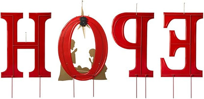 Glitzhome 32" H Lighted Metal Hope Garden Stakes, Christmas Garden Ornaments Yard Stake, Standing Decor or Wall Décor Decorative Sign for Xmas Indoor Outdoor Decorations