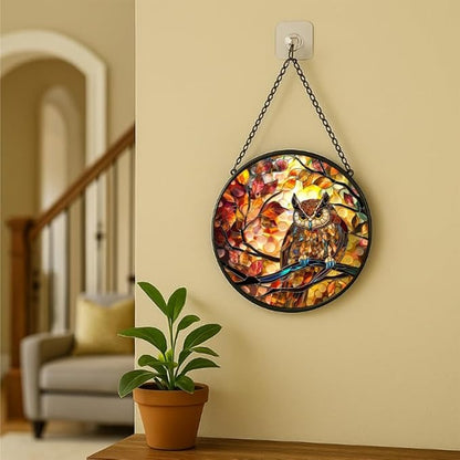 Stained Glass Window Hanging - Autumn Leaves and Perched Owl Sun Catchers Indoor Stained Glass Panels Wall Decor for Mom Wife Lovers Festive