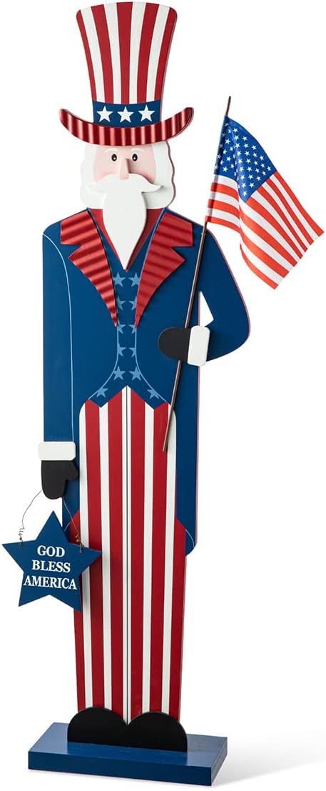Glitzhome Patriotic 4th of July Wooden Porch Sign Independence Day 40" H Americana Uncle Sam Porch Decor Vertical Front Door Sign for Memorial Day Sign Home Front Door Yard Party Decor