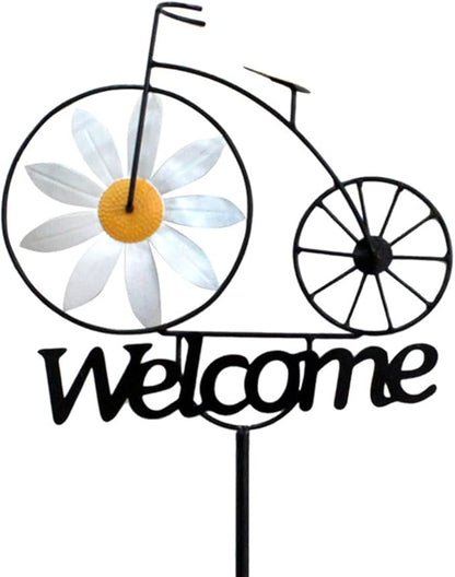 Metal Wind Spinner, 47" Tall Bicycle Wind Sculptures, Daisy Flower Windmill Bike Pinwheel Garden Stake Welcome Sign for Patio Lawn Farm Backyard Decorations
