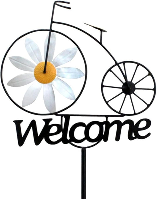 Metal Wind Spinner, 47" Tall Bicycle Wind Sculptures, Daisy Flower Windmill Bike Pinwheel Garden Stake Welcome Sign for Patio Lawn Farm Backyard Decorations