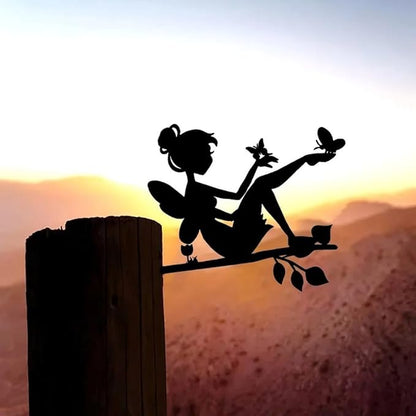 Tree On Branch Beauty Butterfly Fairy Steel Silhouette Metal Wall Art Home Garden Yard Patio Outdoor Statue Stake Decoration, Black