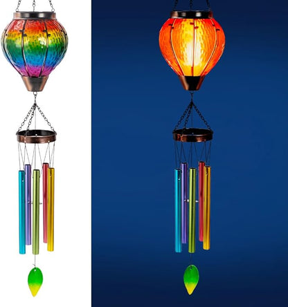 Starsoul Solar Wind Chimes for Outside, Rainbow Hot Air Balloon with Flickering Flame Solar Wind Chime, Glass Windchimes Outdoors Garden Decor, Gift for Mother's Day Mom Grandma