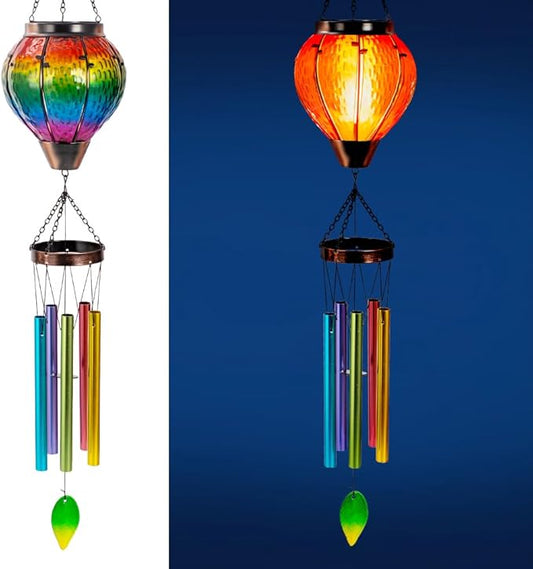 Starsoul Solar Wind Chimes for Outside, Rainbow Hot Air Balloon with Flickering Flame Solar Wind Chime, Glass Windchimes Outdoors Garden Decor, Gift for Mother's Day Mom Grandma
