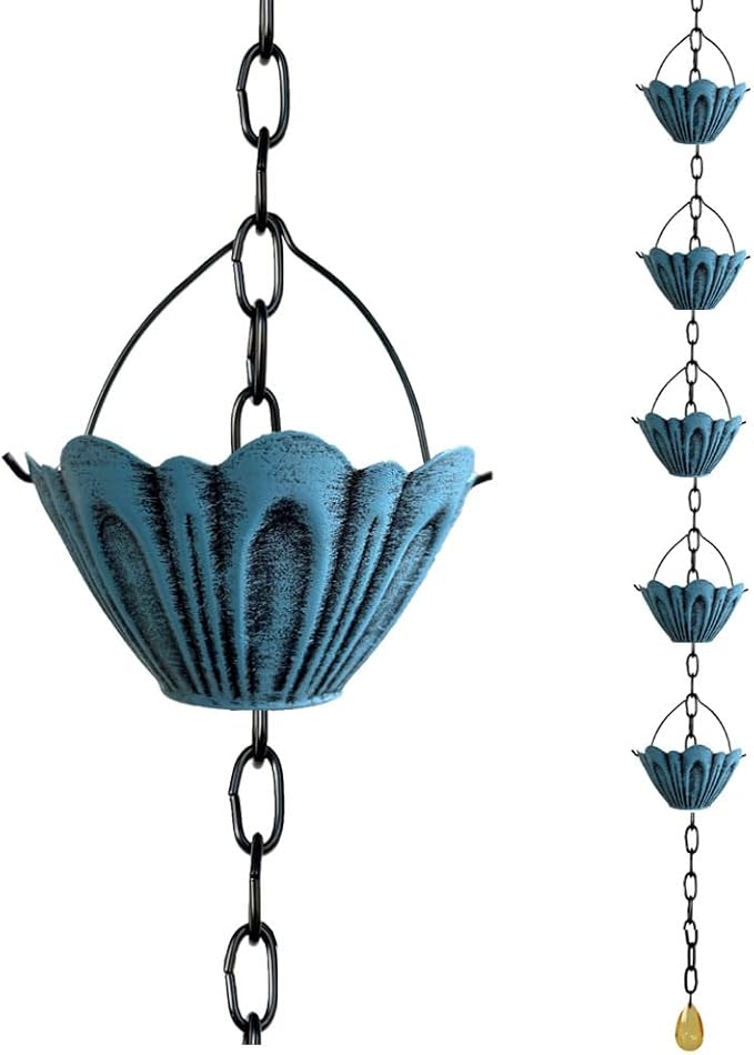 Rain Chain Gutter Downspout Catcher Outside Water Diverter Decorative Garden Rain Cups Chime Home Decor (Blue)