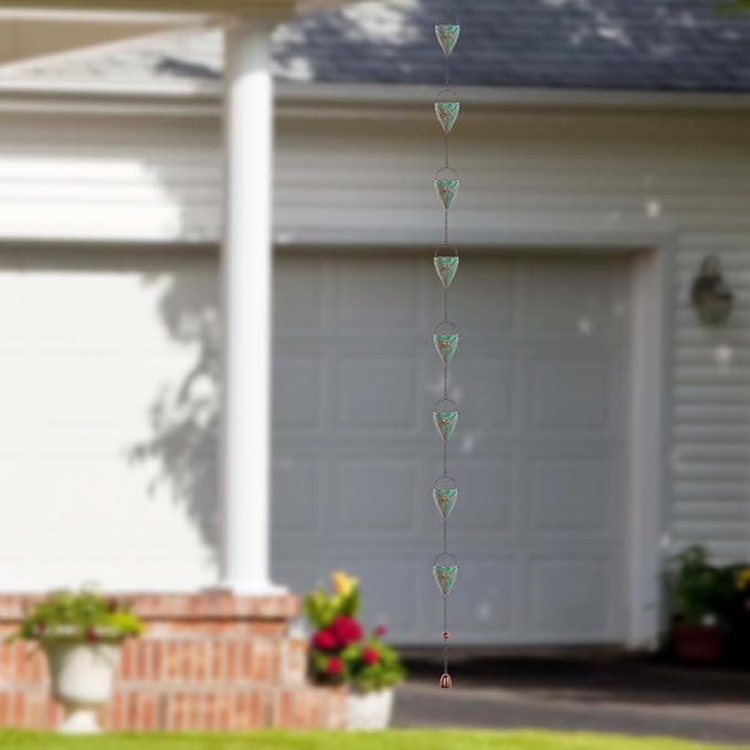 10 FT Rain Chain for Outside, Rain Chain with 10 Bee Pattern Cups Adjustable Rain Catcher Chain for Gutters, Eaves, Drainage, Replacement for Downpout
